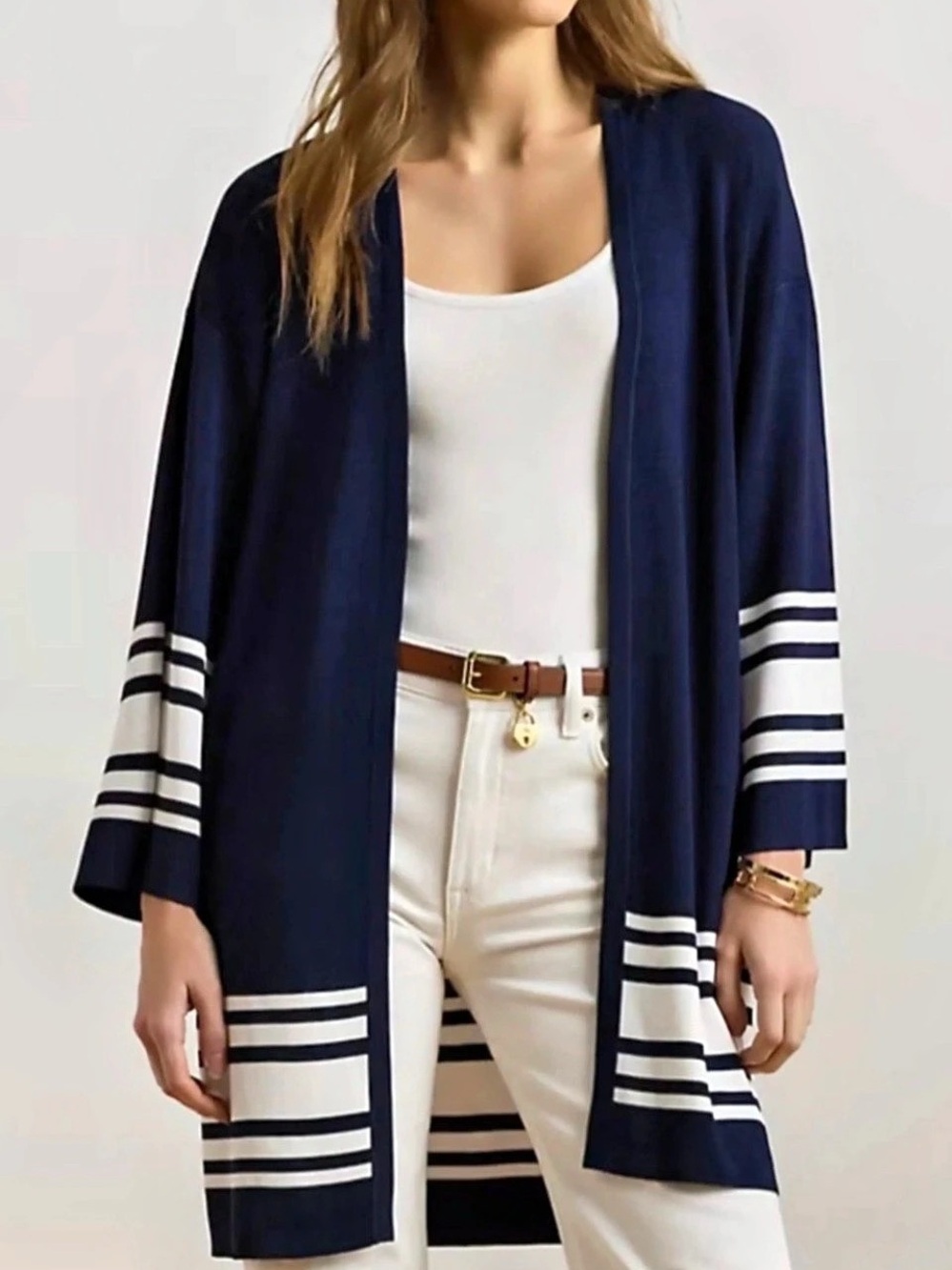 Lauren Ralph Lauren Navy & White Striped Open-Front Cardigan 2X